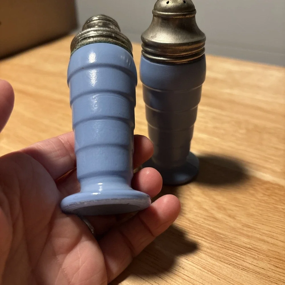 Vintage Moderntone Salt Pepper Shakers Hazel Atlas Platonite Blue, Hazel Atlas